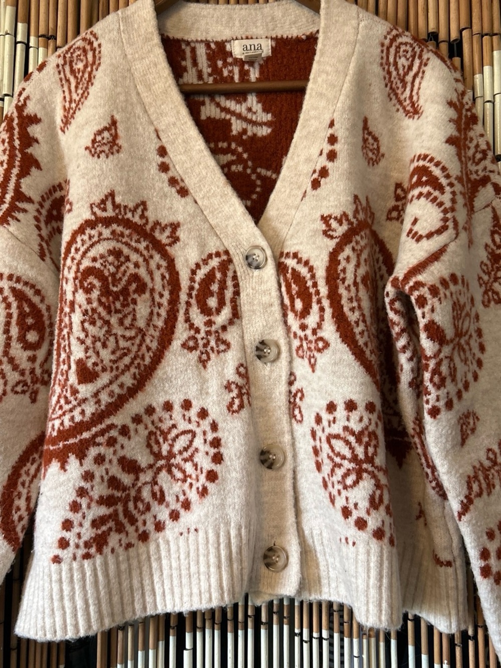a.n.a Cream and Rust Paisley V-Neck Button Cardigan